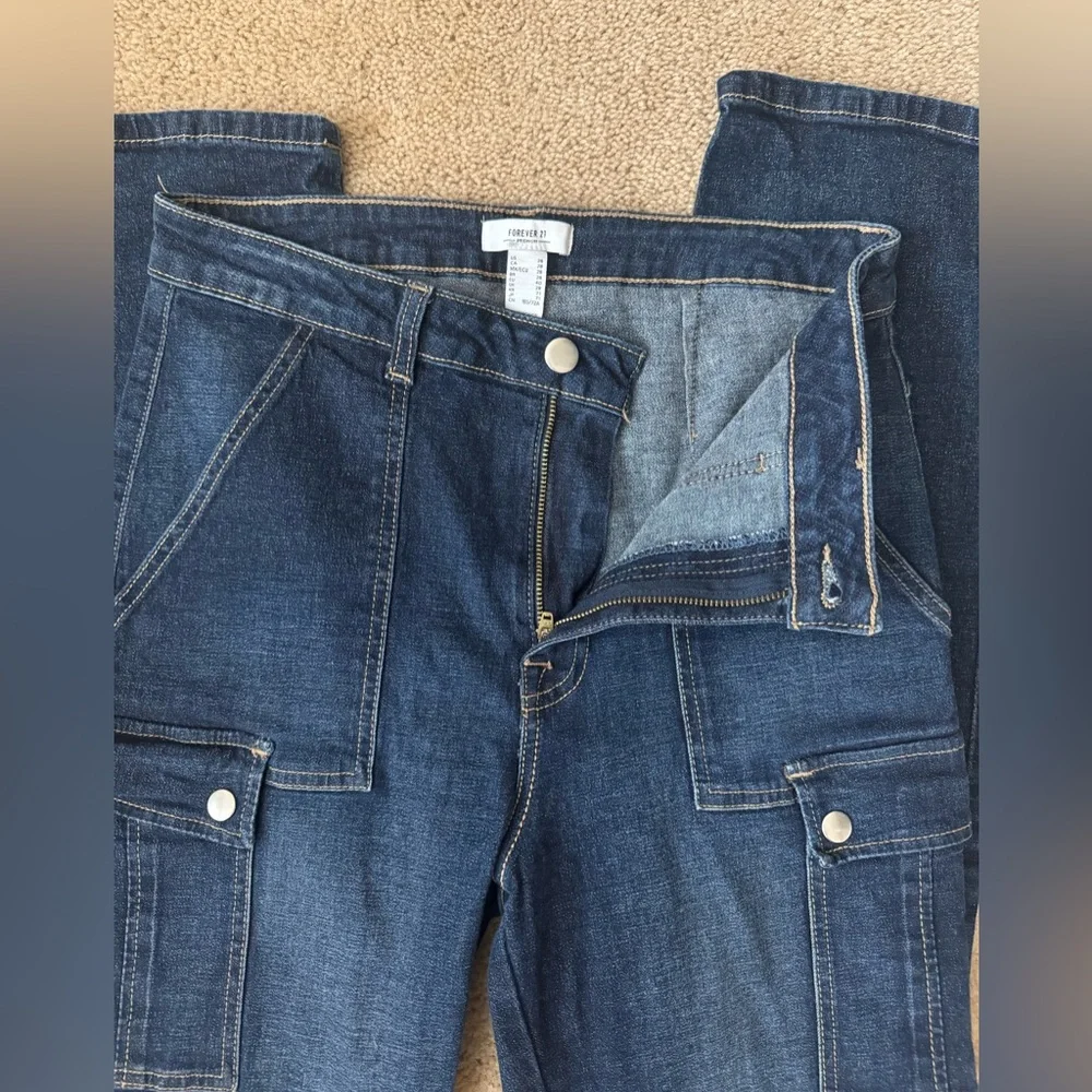 Forever 21 Cargo‎ Jeans Dark Wash Denim Straight Legside pockets 80’s y2k - Picture 4 of 11